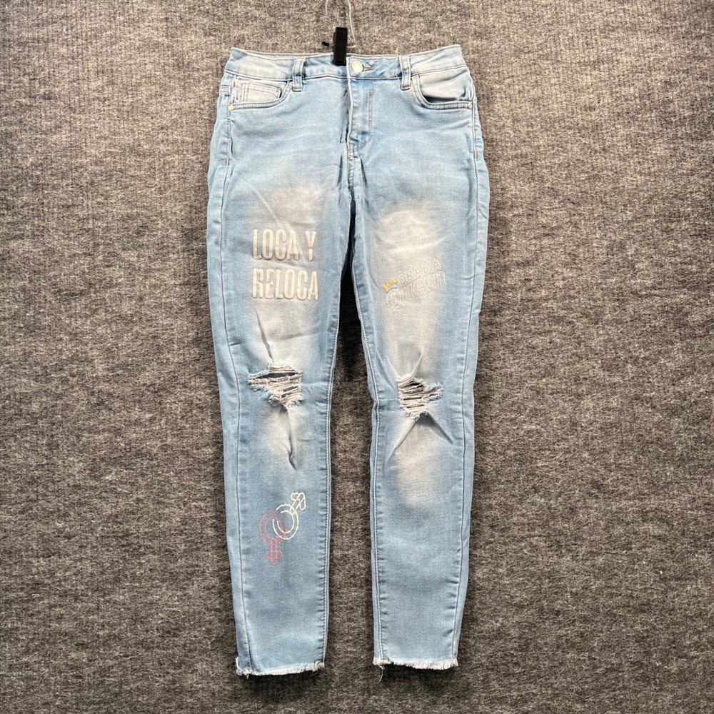 Most Wanted Graphic Distressed Skinny Jeans Light Wash Loca Y Reloca Size 7